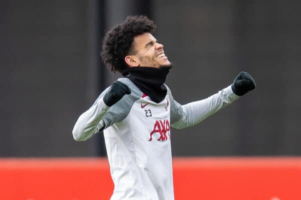 LIVERPOOL, ENGLAND - Tuesday 14 March 2023: Liverpool's Luis Diaz trains alone before training at the AXA training center ahead of the UEFA Champions League Round of 16 match between Liverpool FC and Real Madrid CF.  (Image by Jessica Hornby/Propaganda)