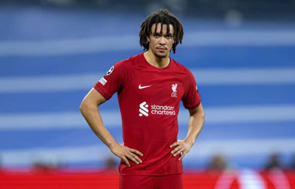 MADRID, SPAIN - Wednesday, March 15, 2023: Liverpool's Trent Alexander-Arnold looks dejected during the UEFA Champions League Round of 16 2nd Leg game between Real Madrid CF and Liverpool FC at the Estadio Santiago Bernabéu. (Pic by David Rawcliffe/Propaganda)