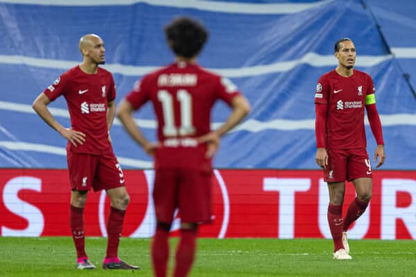 MADRID, SPAIN - Wednesday, March 15, 2023: Liverpool's Virgil van Dijk looks dejected as Real Madrid score the opening goal during the UEFA Champions League Round of 16 2nd Leg game between Real Madrid CF and Liverpool FC at the Estadio Santiago Bernabéu. (Pic by David Rawcliffe/Propaganda)