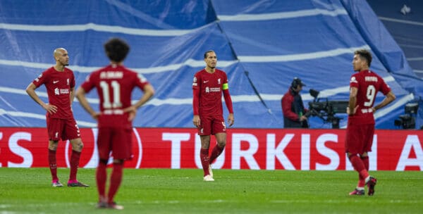 MADRID, SPAIN - Wednesday, March 15, 2023: Liverpool's Virgil van Dijk looks dejected as Real Madrid score the opening goal during the UEFA Champions League Round of 16 2nd Leg game between Real Madrid CF and Liverpool FC at the Estadio Santiago Bernabéu. (Pic by David Rawcliffe/Propaganda)