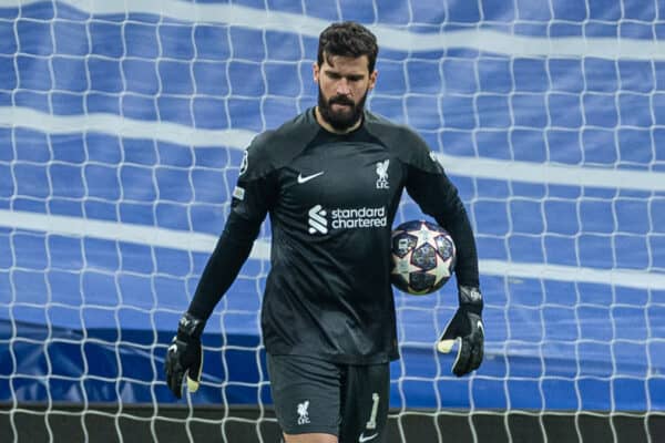 MADRID, SPAIN - Wednesday, March 15, 2023: Liverpool's goalkeeper Alisson Becker looks dejected as Real Madrid score the opening goal during the UEFA Champions League Round of 16 2nd Leg game between Real Madrid CF and Liverpool FC at the Estadio Santiago Bernabéu. (Pic by David Rawcliffe/Propaganda)