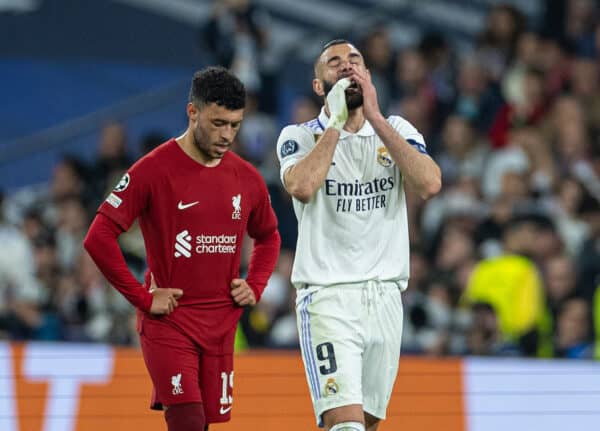 MADRID, SPAIN - Wednesday, March 15, 2023: Real Madrid's captain Karim Benzema celebrates after scoring the first goal during the UEFA Champions League Round of 16 2nd Leg game between Real Madrid CF and Liverpool FC at the Estadio Santiago Bernabéu. (Pic by David Rawcliffe/Propaganda)