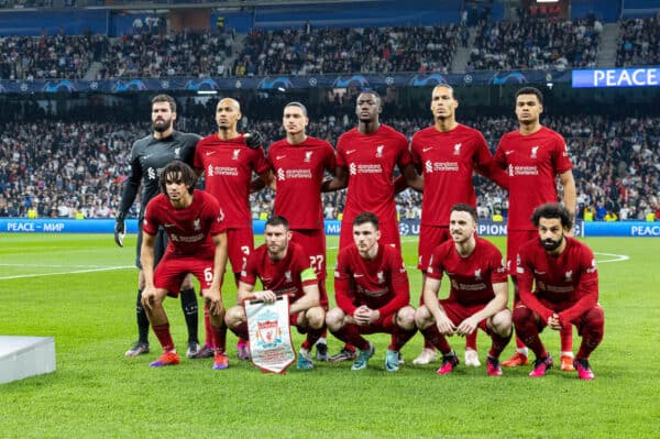 MADRID, SPAIN - Wednesday, March 15, 2023: Liverpool players line-up for a team group photograph before the UEFA Champions League Round of 16 2nd Leg game between Real Madrid CF and Liverpool FC at the Estadio Santiago Bernabéu. Back row L-R: goalkeeper Alisson Becker, Fabio Henrique Tavares'Fabinho', Darwin Núñez, Ibrahima Konaté, Virgil van Dijk, Cody Gakpo. Front row L-R: Trent Alexander-Arnold, James Milner, Andy Robertson, Diogo Jota, Mohamed Salah. (Pic by David Rawcliffe/Propaganda)