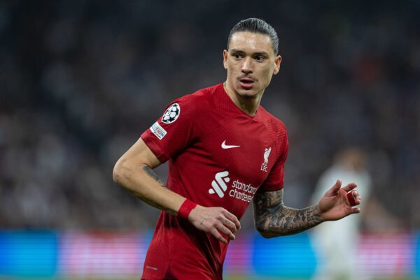 MADRID, SPAIN - Wednesday, March 15, 2023: Liverpool's Darwin Núñez during the UEFA Champions League Round of 16 2nd Leg game between Real Madrid CF and Liverpool FC at the Estadio Santiago Bernabéu. (Pic by David Rawcliffe/Propaganda)