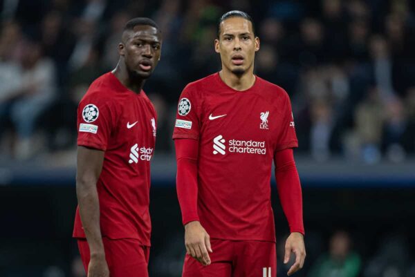 MADRID, SPAIN - Wednesday, March 15, 2023: Liverpool's Ibrahima Konaté (L) and Virgil van Dijk during the UEFA Champions League Round of 16 2nd Leg game between Real Madrid CF and Liverpool FC at the Estadio Santiago Bernabéu. (Pic by David Rawcliffe/Propaganda)