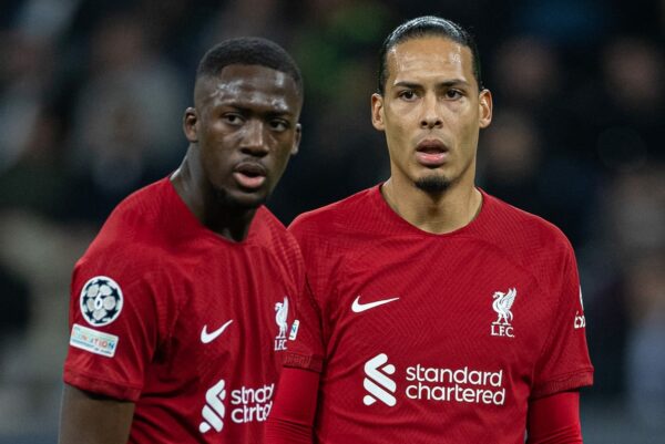 MADRID, SPAIN - Wednesday, March 15, 2023: Liverpool's Ibrahima Konaté (L) and Virgil van Dijk during the UEFA Champions League Round of 16 2nd Leg game between Real Madrid CF and Liverpool FC at the Estadio Santiago Bernabéu. (Pic by David Rawcliffe/Propaganda)