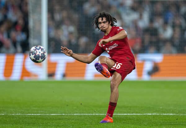 MADRID, SPAIN - Wednesday, March 15, 2023: Liverpool's Trent Alexander-Arnold during the UEFA Champions League Round of 16 2nd Leg game between Real Madrid CF and Liverpool FC at the Estadio Santiago Bernabéu. (Pic by David Rawcliffe/Propaganda)