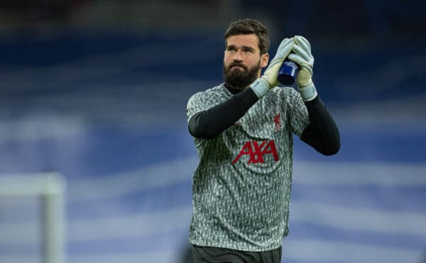 MADRID, SPAIN - Wednesday, March 15, 2023: Liverpool's goalkeeper Alisson Becker during the pre-match warm-up before the UEFA Champions League Round of 16 2nd Leg game between Real Madrid CF and Liverpool FC at the Estadio Santiago Bernabéu. (Pic by David Rawcliffe/Propaganda)