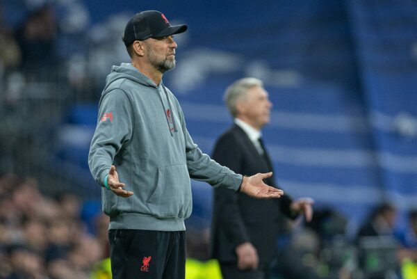 MADRID, SPAIN - Wednesday, March 15, 2023: Liverpool's manager Jürgen Klopp during the UEFA Champions League Round of 16 2nd Leg game between Real Madrid CF and Liverpool FC at the Estadio Santiago Bernabéu. (Pic by David Rawcliffe/Propaganda)