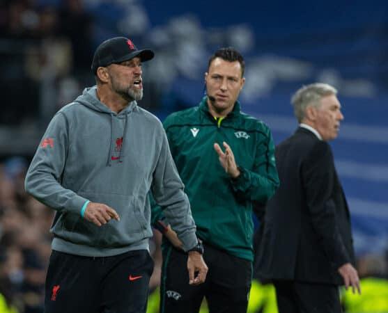 MADRID, SPAIN - Wednesday, March 15, 2023: Liverpool's manager Jürgen Klopp reacts during the UEFA Champions League Round of 16 2nd Leg game between Real Madrid CF and Liverpool FC at the Estadio Santiago Bernabéu. (Pic by David Rawcliffe/Propaganda)