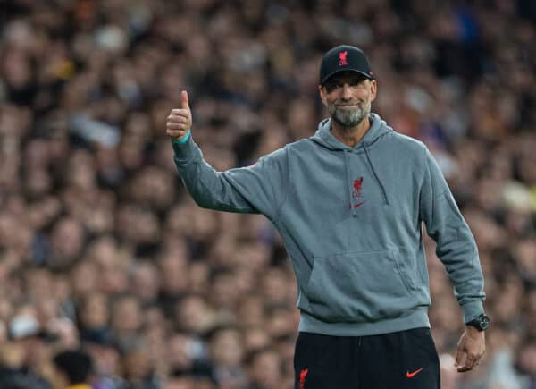 MADRID, SPAIN - Wednesday, March 15, 2023: Liverpool's manager Jürgen Klopp reacts during the UEFA Champions League Round of 16 2nd Leg game between Real Madrid CF and Liverpool FC at the Estadio Santiago Bernabéu. (Pic by David Rawcliffe/Propaganda)