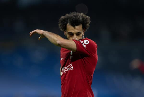 MADRID, SPAIN - Wednesday, March 15, 2023: Liverpool's Mohamed Salah looks dejected during the UEFA Champions League Round of 16 2nd Leg game between Real Madrid CF and Liverpool FC at the Estadio Santiago Bernabéu. (Pic by David Rawcliffe/Propaganda)