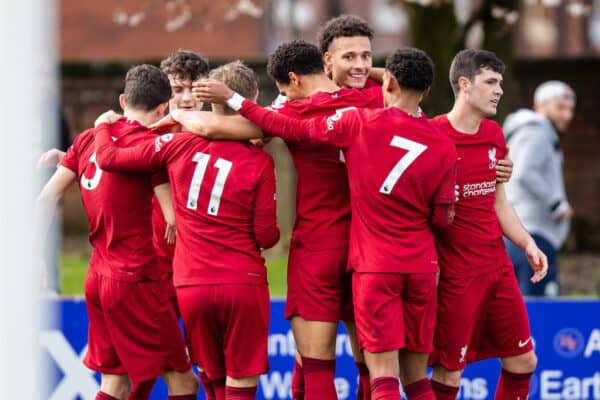 LEYLAND, ENGLAND - Saturday, March 18, 2023: Liverpool's Rhys Williams (3rd R) celebrates scoring the opening goal with team-mates during the Premier League 2 Division 1 match between Blackburn Rovers FC Under-21's and Liverpool FC Under-21's at the County Ground. (Pic by Jessica Hornby/Propaganda)