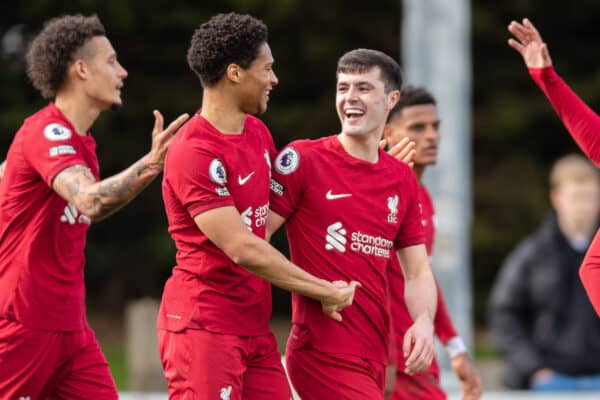 LEYLAND, ENGLAND - Saturday, March 18, 2023: Liverpool's Layton Stewart (3rd L) celebrates Rhys Williams (L) scoring the open goal with team-mates during the Premier League 2 Division 1 match between Blackburn Rovers FC Under-21's and Liverpool FC Under-21's at the County Ground. (Pic by Jessica Hornby/Propaganda)