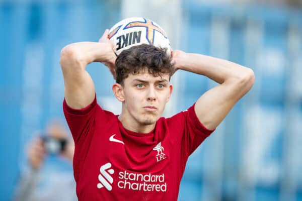 LEYLAND, ENGLAND - Saturday, March 18, 2023: Liverpool's Owen Beck takes a throw in during the Premier League 2 Division 1 match between Blackburn Rovers FC Under-21's and Liverpool FC Under-21's at the County Ground. (Pic by Jessica Hornby/Propaganda)