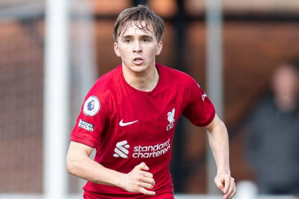 LEYLAND, ENGLAND - Saturday, March 18, 2023: Liverpool's James Norris during the Premier League 2 Division 1 match between Blackburn Rovers FC Under-21's and Liverpool FC Under-21's at the County Ground. (Pic by Jessica Hornby/Propaganda)