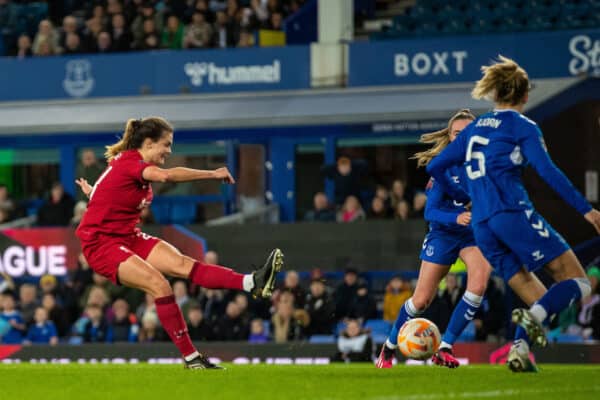 LIVERPOOL, ENGLAND - Friday, March 24, 2023: Liverpool's Katie Stengel scores her sidee first goal during the FA Women’s Super League match between Everton FC Women and Liverpool FC Women, the Merseyside Derby, at Goodison Park. (Pic by Jessica Hornby/Propaganda)