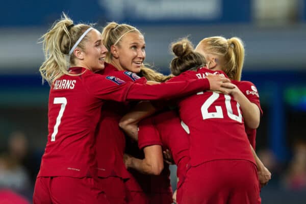 LIVERPOOL, ENGLAND - Friday, March 24, 2023: Liverpool's Katie Stengel (C) celebrates scoring her sides first goal with team-mates during the FA Women’s Super League match between Everton FC Women and Liverpool FC Women, the Merseyside Derby, at Goodison Park. (Pic by Jessica Hornby/Propaganda)