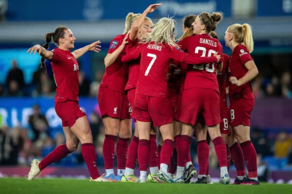 LIVERPOOL, ENGLAND - Friday, March 24, 2023: Liverpool's Katie Stengel (C) celebrates scoring her sides first goal with team-mates during the FA Women’s Super League match between Everton FC Women and Liverpool FC Women, the Merseyside Derby, at Goodison Park. (Pic by Jessica Hornby/Propaganda)