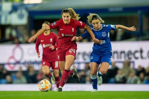 LIVERPOOL, ENGLAND - Friday, March 24, 2023: Liverpool's Katie Stengel (L) is challenged by Everton's Clare Wheeler during the FA Women’s Super League match between Everton FC Women and Liverpool FC Women, the Merseyside Derby, at Goodison Park. (Pic by Jessica Hornby/Propaganda)