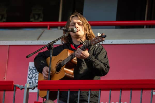 LIVERPOOL, ENGLAND - Saturday, March 25, 2023: Singer Jamie Webster performs before the LFC Foundation match between Liverpool FC Legends and Glasgow Celtic FC Legends at Anfield. (Pic by Jessica Hornby/Propaganda)