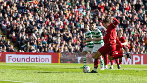 LIVERPOOL, ENGLAND - Saturday, March 25, 2023: Liverpool's captain Steven Gerrard scores the opening goal from a penalty kick during the LFC Foundation match between Liverpool FC Legends and Glasgow Celtic FC Legends at Anfield. (Pic by David Rawcliffe/Propaganda)