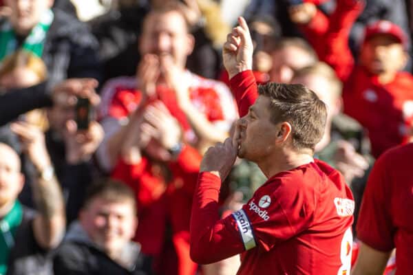 LIVERPOOL, ENGLAND - Saturday, March 25, 2023: Liverpool's captain Steven Gerrard celebrates after scoring the opening goal from a penalty kick during the LFC Foundation match between Liverpool FC Legends and Glasgow Celtic FC Legends at Anfield. (Pic by David Rawcliffe/Propaganda)