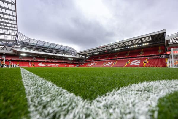 LIVERPOOL, ENGLAND - Saturday, March 25, 2023: A general view of Anfield looking towards the redevelopment of the Anfield Road stand before the LFC Foundation match between Liverpool FC Legends and Glasgow Celtic FC Legends at Anfield. (Pic by David Rawcliffe/Propaganda)