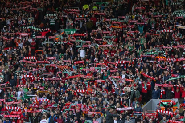 LIVERPOOL, ENGLAND - Saturday, March 25, 2023: Liverpool supporters sing "You'll Never Walk Alone" before the LFC Foundation match between Liverpool FC Legends and Glasgow Celtic FC Legends at Anfield. (Pic by David Rawcliffe/Propaganda)