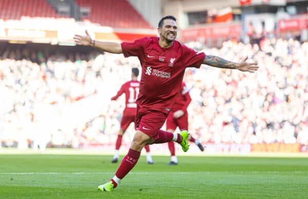 LIVERPOOL, ENGLAND - Saturday, March 25, 2023: Liverpool's Mark González celebrates after scoring the second goal during the LFC Foundation match between Liverpool FC Legends and Glasgow Celtic FC Legends at Anfield. (Pic by David Rawcliffe/Propaganda)