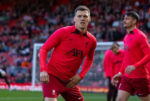 LIVERPOOL, ENGLAND - Saturday, March 25, 2023: Liverpool's Martin Škrtel during the pre-match warm-up before the LFC Foundation match between Liverpool FC Legends and Glasgow Celtic FC Legends at Anfield. (Pic by David Rawcliffe/Propaganda)