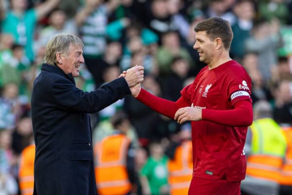 LIVERPOOL, ENGLAND - Saturday, March 25, 2023: Liverpool's manager Kenny Dalglish (L) embraces captain Steven Gerrard after the LFC Foundation match between Liverpool FC Legends and Glasgow Celtic FC Legends at Anfield. (Pic by David Rawcliffe/Propaganda)