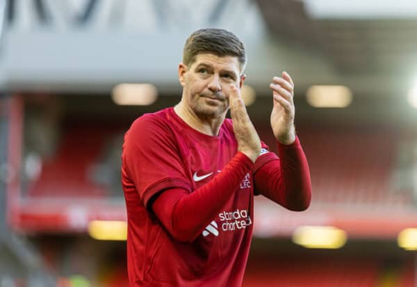 LIVERPOOL, ENGLAND - Saturday, March 25, 2023: Liverpool's captain Steven Gerrard applauds the supporters after the LFC Foundation match between Liverpool FC Legends and Glasgow Celtic FC Legends at Anfield. (Pic by David Rawcliffe/Propaganda)