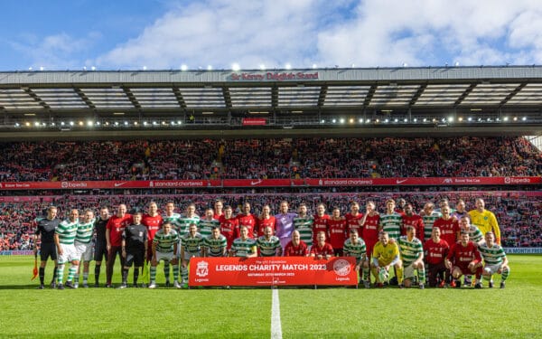 LIVERPOOL, ENGLAND - Saturday, March 25, 2023: Players line-up for a team group photograph before the LFC Foundation match between Liverpool FC Legends and Glasgow Celtic FC Legends at Anfield. (Pic by David Rawcliffe/Propaganda)