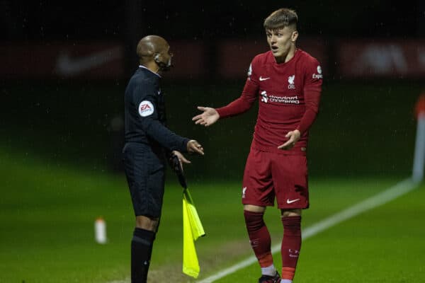 LIVERPOOL, ENGLAND - Friday, March 31, 2023: Liverpool's Ben Doak speaks with the assistant referee during the Premier League International Cup Quarter-Final match between Liverpool FC Under-21's and Crystal Palace FC Under-21's at the Liverpool Academy. (Pic by David Rawcliffe/Propaganda)