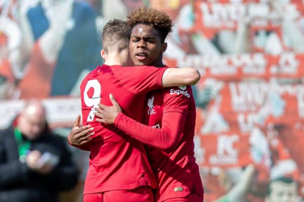 KIRKBY, ENGLAND - Saturday, April 1, 2023: Liverpool's Keyrol Figueroa (R) celebrates scoring the opening goal with team-mates during the Under-18 Premier League match between Liverpool FC Under-18's and Wolverhampton Wanderers FC Under-18's at the Liverpool Academy. (Pic by Jessica Hornby/Propaganda)