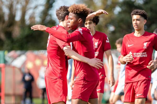 KIRKBY, ENGLAND - Saturday, April 1, 2023: Liverpool's Keyrol Figueroa (C) celebrates scoring his side second goal with team-mates during the Under-18 Premier League match between Liverpool FC Under-18's and Wolverhampton Wanderers FC Under-18's at the Liverpool Academy. (Pic by Jessica Hornby/Propaganda)