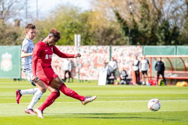 KIRKBY, ENGLAND - Saturday, April 1, 2023: Liverpool's Keyrol Figueroa scores the opening goal during the Under-18 Premier League match between Liverpool FC Under-18's and Wolverhampton Wanderers FC Under-18's at the Liverpool Academy. (Pic by Jessica Hornby/Propaganda)