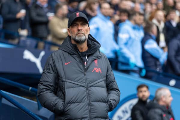 MANCHESTER, ENGLAND - Saturday, April 1, 2023: Liverpool's manager Jürgen Klopp during the FA Premier League match between Manchester City FC and Liverpool FC at the City of Manchester Stadium. (Pic by David Rawcliffe/Propaganda)