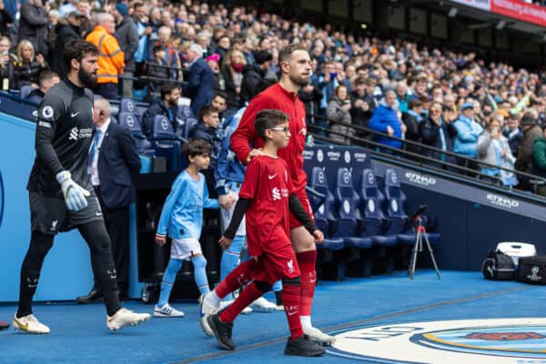 MANCHESTER, ENGLAND - Saturday, April 1, 2023: Liverpool's captain Jordan Henderson leads his side out before the FA Premier League match between Manchester City FC and Liverpool FC at the City of Manchester Stadium. (Pic by David Rawcliffe/Propaganda)