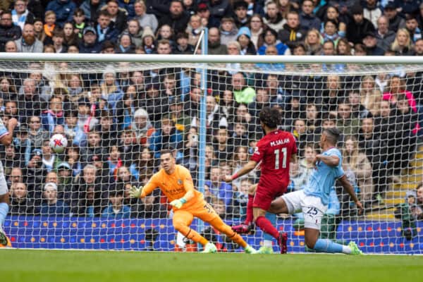 MANCHESTER, ENGLAND - Saturday, April 1, 2023: Liverpool's Mohamed Salah scores the opening goal during the FA Premier League match between Manchester City FC and Liverpool FC at the City of Manchester Stadium. (Pic by David Rawcliffe/Propaganda)