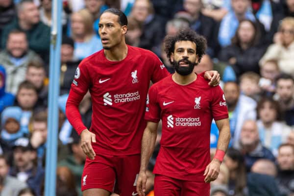 MANCHESTER, ENGLAND - Saturday, April 1, 2023: Liverpool's Mohamed Salah (R) celebrates with team-mate Virgil van Dijk after scoring the opening goal during the FA Premier League match between Manchester City FC and Liverpool FC at the City of Manchester Stadium. (Pic by David Rawcliffe/Propaganda)