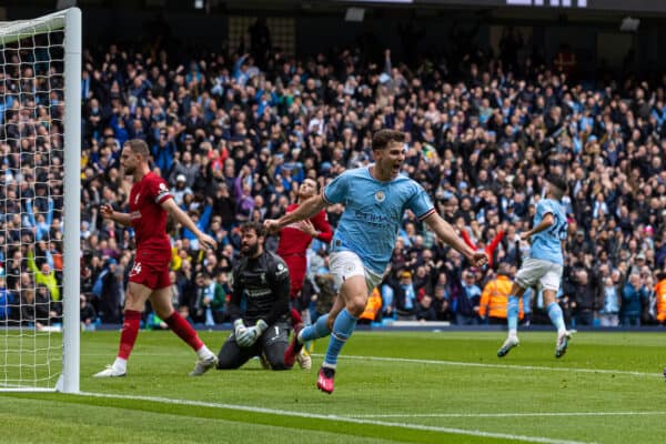 MANCHESTER, ENGLAND - Saturday, April 1, 2023: Manchester City's Julián Álvarez celebrates after scoring the first equalising goal during the FA Premier League match between Manchester City FC and Liverpool FC at the City of Manchester Stadium. (Pic by David Rawcliffe/Propaganda)