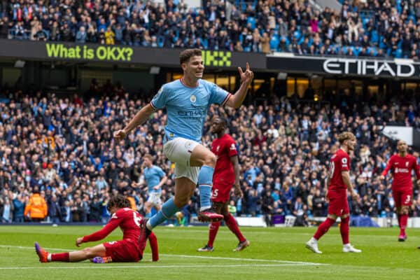 MANCHESTER, ENGLAND - Saturday, April 1, 2023: Manchester City's Julián Álvarez celebrates after scoring the first equalising goal during the FA Premier League match between Manchester City FC and Liverpool FC at the City of Manchester Stadium. (Pic by David Rawcliffe/Propaganda)