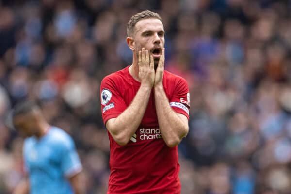 MANCHESTER, ENGLAND - Saturday, April 1, 2023: Liverpool's captain Jordan Henderson reacts after another incorrect decision from referee Simon Hooper during the FA Premier League match between Manchester City FC and Liverpool FC at the City of Manchester Stadium. (Pic by David Rawcliffe/Propaganda)