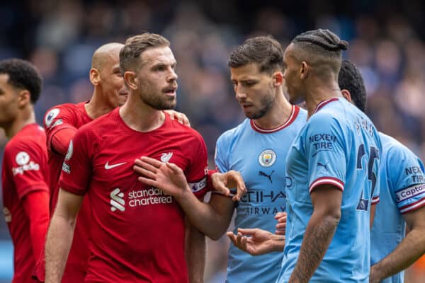 MANCHESTER, ENGLAND - Saturday, April 1, 2023: Liverpool's captain Jordan Henderson (L) squares up to Manchester City's Manuel Akanji during the FA Premier League match between Manchester City FC and Liverpool FC at the City of Manchester Stadium. (Pic by David Rawcliffe/Propaganda)