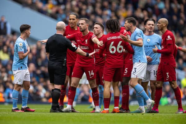 MANCHESTER, ENGLAND - Saturday, April 1, 2023: Liverpool's captain Jordan Henderson and team-mates react as referee Simon Hopper refuses to issue a yellow card for a blatant foul during the FA Premier League match between Manchester City FC and Liverpool FC at the City of Manchester Stadium. (Pic by David Rawcliffe/Propaganda)