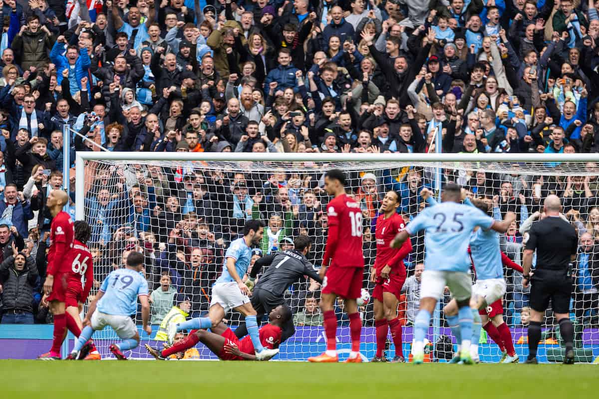 MANCHESTER, ENGLAND - Saturday, April 1, 2023: Manchester City's ?lkay Gündo?an (C) celebrates after scoring the third goal during the FA Premier League match between Manchester City FC and Liverpool FC at the City of Manchester Stadium. (Pic by David Rawcliffe/Propaganda)