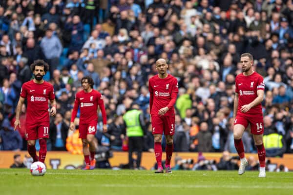 MANCHESTER, ENGLAND - Saturday, April 1, 2023: Liverpool's Mohamed Salah, Fabio Henrique Tavares'Fabinho' and captain Jordan Henderson look dejected as Manchester City score the third goal during the FA Premier League match between Manchester City FC and Liverpool FC at the City of Manchester Stadium. (Pic by David Rawcliffe/Propaganda)