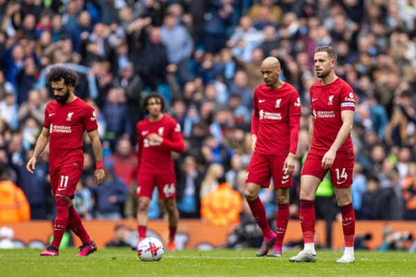 MANCHESTER, ENGLAND - Saturday, April 1, 2023: Liverpool's Mohamed Salah, Fabio Henrique Tavares 'Fabinho' and captain Jordan Henderson look dejected as Manchester City score the third goal during the FA Premier League match between Manchester City FC and Liverpool FC at the City of Manchester Stadium. (Pic by David Rawcliffe/Propaganda)